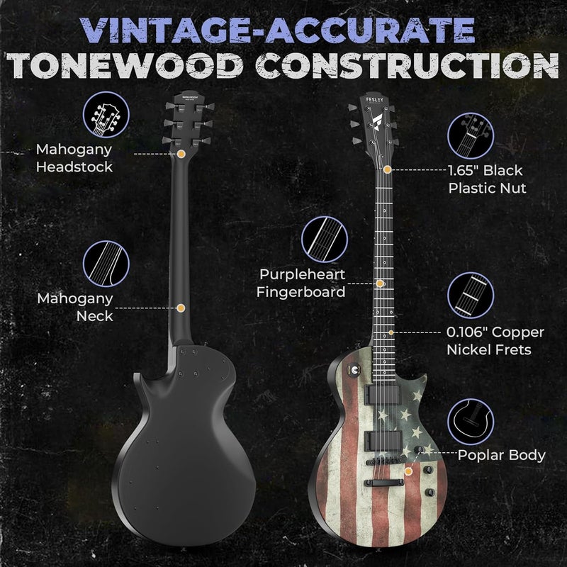 Fesley 39" LP Electric Guitar Kit: Full Size Solid Body Electric Guitars for Beginners with Humbucker Pickups,Poplar Body,Mahogany Neck,22 Frets,6 String Guitar with Gig Bag, FLP400,Matte,US Flag - Image 2